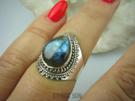 bpe5496 Egzotyczny Delikatny Pierścień Niebieski LABRADORYT Spektrolit - kamień Zorzy Polarnej r.17 SREBRO 925