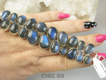 bb3886 XXXL KRÓLOWA NOCY !!!! Maxymalnie lśniąca DWURZĘDOWA Ogromna szeroka 56 gramów!!! WSPANIAŁA Bransoleta z Labradorytami Labradoryt Spektrolit Srebro 925 #