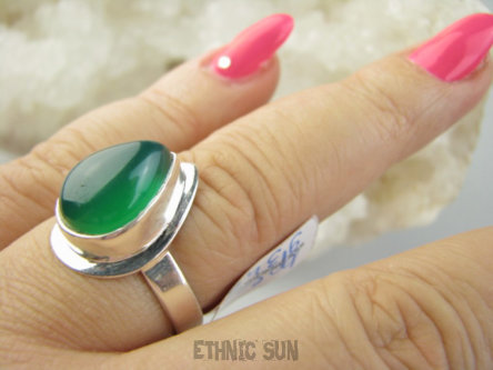 bpe9346 Przepiękny Delikatny Pierścień Pierścionek Zielony ONYKS - regeneruje SERCE, EGZEMY, PAMIĘĆ r.20/ r.21 Srebro 925