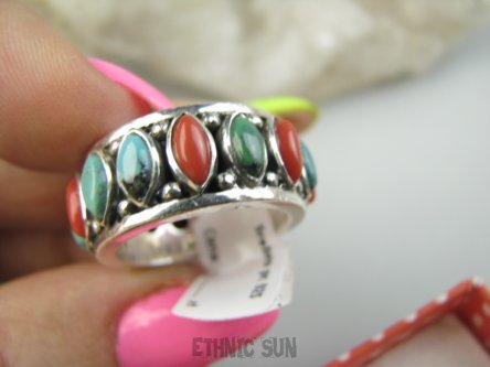 bpe9562 ARCYDZIEŁO Wybitna ciężka BARDZO MASYWNA Obrączka, Pierścień Pierścionek Koral Turkus r.11 grube Srebro 925 #