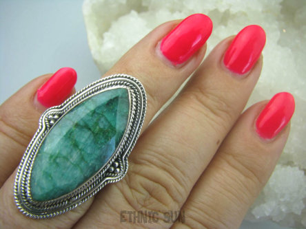 bpee3198 Szmaragdowy CUDNY Długi Pierścień zielony Szmaragd Indyjski Szmaragdy r.13 mały rozmiar Srebro 925 #