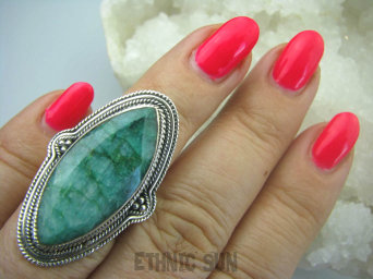 bpee3198 Szmaragdowy CUDNY Długi Pierścień zielony Szmaragd Indyjski Szmaragdy r.13 mały rozmiar Srebro 925 #