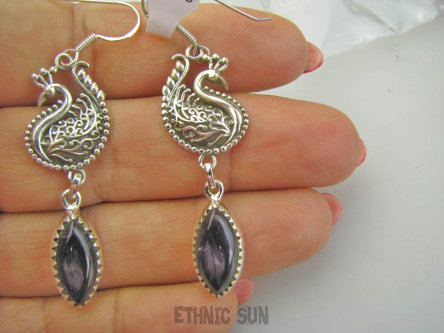 bke1148 Królewski Paw - symbol nieśmiertelności CUDOWNE Długie 6 cm Kolczyki Fioletowy Ametyst Srebra SREBRO 925