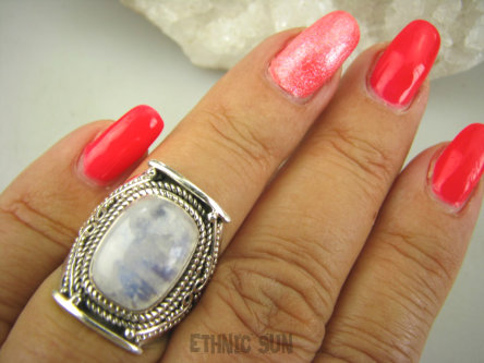 bpe8208 Biżuteria Orientalna !!!! Egzotyczny Pierścień Chabrowy Kamień Księżycowy r.14 Srebro 925 #