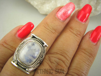 bpe8208 Biżuteria Orientalna !!!! Egzotyczny Pierścień Chabrowy Kamień Księżycowy r.14 Srebro 925 #