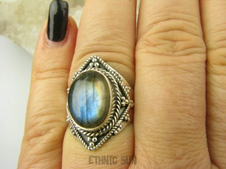 bpe8271 Cacko MAX BLASK Delikatny WIELOBARWNY Pierścień Niebiesko Pomarańczowy LABRADORYT Spektrolit - kamień Zorzy Polarnej r.17/ r.18 SREBRO 925