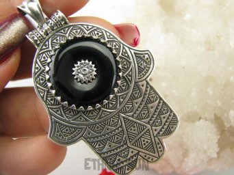 bwe3558 Mocny Amulet Hamsa Duży 17G , 5.9 cm Wisior Zawieszka DŁOŃ FATIMY ONYKS Maroko Marokańskie Wzornictwo Srebro 925 #