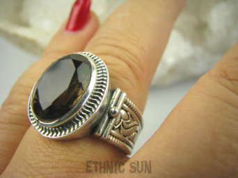 bpee3481 Elegancki Pięknie Zdobiony Pierścień szlifowany Kwarc Dymny - kamień antystresowy r.22 Srebro 925 #