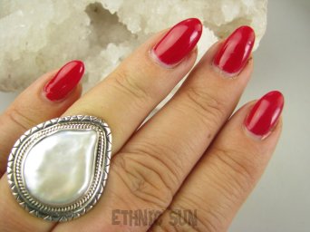 bpee4114 Wielka I Bosko Piękna PERŁA BIWA CUDO Elegancki Pierścień Pierścionek z niesamowitą DUŻA opalizująca perła r.15 Srebro 925 #