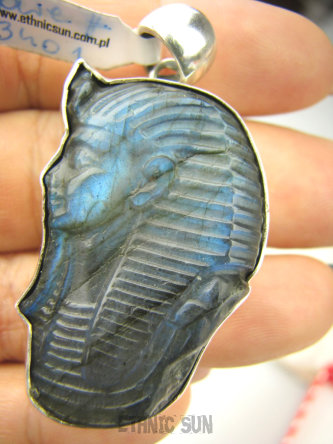 bwe3401 Popiersie Króla Egiptu Faraona ma aż 27 GRAMOW  , FARAON ARCYDZIEŁO Wykute w LABRADORYCIE!!! Masywny Wisior Labradoryt Spektrolit SREBRO 925 #