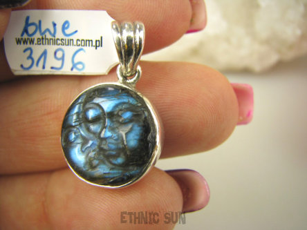 bwe3196 Delikatny Wisior Dwie Twarze - Księżyc i Słońce Labradoryt Spektrolit Kamień Zorzy Polarnej Srebro 925