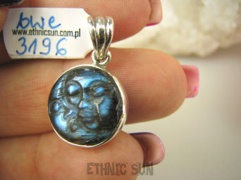 bwe3196 Delikatny Wisior Dwie Twarze - Księżyc i Słońce Labradoryt Spektrolit Kamień Zorzy Polarnej Srebro 925