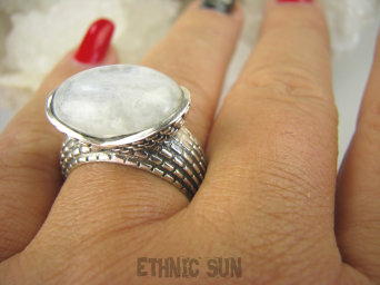 bpe6893 Kunsztowny Zdobiony Pierścień z tęczą niebieski biały KAMIEŃ KSIĘŻYCOWY r.22 egzotyczne Srebro 925 #