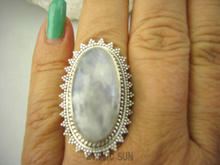 bpe8319 PIĘKNY Egzotyczny Duży Pierścień Pierścionek Biało Chabrowy Kamień Księżycowy r.17 egzotyczne Srebro 925 #