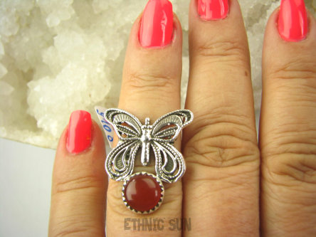 bpe9108 CUDO FILIGRAN ! Ażurowy MOTYL - Symbol Miłości Szczęścia i Radości Pierścień, Pierścionek Czerwony Onyks r.13 Srebro 925 #
