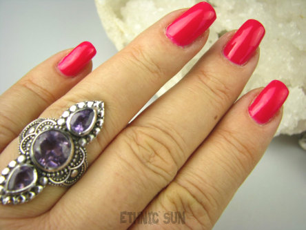 bpee3672 Długi Kunsztowny Olśniewający Egzotyczny Pierścień Fioletowy Ametyst - kamień mądrości r.20 SREBRO 925 #