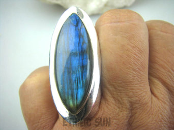 bpe5838 Klasyczny Długi DUŻY Pierścień 4,6 cm granatowy Labradoryt Spektrolit r.18 Lśniące Srebro 925 #