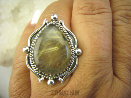 bpe8149 FINEZYJNY Pierścień KWARC z RUTYLEM ZŁOTE włosy WENUS w zachwycającej oprawie r.17/ r.18 SREBRO 925 #