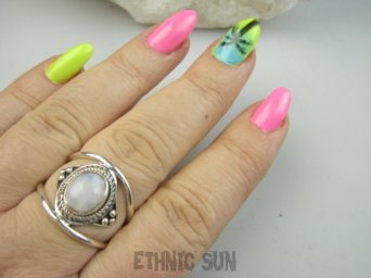 bpe9507 Finezyjny Ażurowy Pierścień Pierścionek podwójna obrączka naturalny Kamień Księżycowy r.24 Srebro 925 #