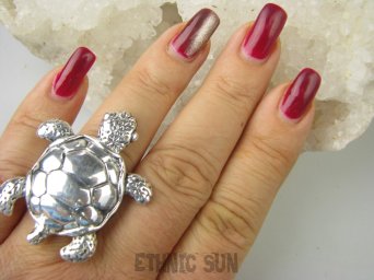 bpe8684 Morskie skarby  ŻÓŁW Z GALAPAGOS !!! WIELKI I PIĘKNY Niezwykły DUŻY 4 cm/3.2 cm Lśniący Pierścień Żółw Pierścionek z dmuchanego srebra r.14 Srebro 925 #