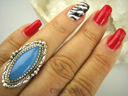 bpe7938 Niebiańska Piękność Długi Pierścień niebieski CHALCEDON czakra gardła (TARCZYCA) r.15/ r.16 Srebro 925 #