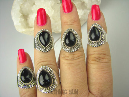 bpe6852 Śliczny Orientalny Delikatny Pierścień czarny ONYKS regeneruje SERCE, EGZEMY, PAMIĘĆ r.15 Srebro 925