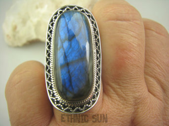 bpe4423 Długi 3.9 cm CUDOWNY DUŻY Pierścień Labradoryt Spektrolit - kamień Zorzy Polarnej r.18 Srebro 925 #
