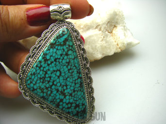 bwe1318 CUDOWNY Gigant 7,4 cm/ 4,5cm  !!! UNIKAT Z NEPALU - Piękny Egzotyczny Wisior naturalny TURKUS Turkusy Srebro 925 #