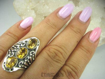 bpee3380 Długi Olśniewający Pierścień Złoty Cytryn - kamień antycukrzycowy r.19 szeroka ażurowa obrączka SREBRO 925 #