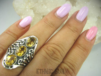 bpee3380 Długi Olśniewający Pierścień Złoty Cytryn - kamień antycukrzycowy r.19 szeroka ażurowa obrączka SREBRO 925 #