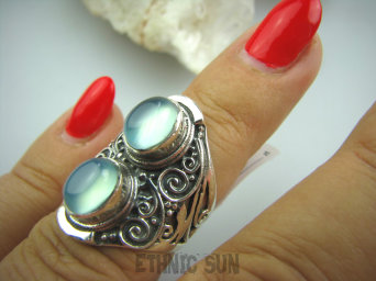 bpe5054  Mały rozmiar ! Egzotyczny Pierścień Błękitno - Niebieski CHALCEDON (TARCZYCA) czakra gardła r.11/ r.12 Srebro 925 #