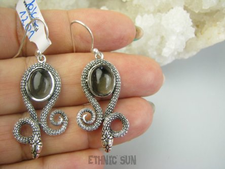 bke1201 Prześliczne !!!!! zdobią i chronią AMULET Płodności i Mądrości Wąż - Długie 5cm CUDOWNE Kolczyki Kwarc Dymny Srebro 925
