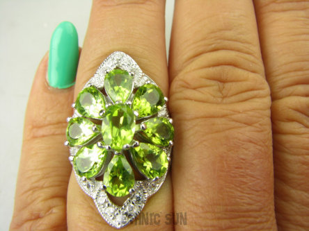 bpee4072 Długi Lśniący Pierścień Pierścionek naturalny Oliwin Perydot oraz Cyrkonie r.18/ r.19 ale wchodzi i na 20, 21  SREBRO RODOWANE 925 #