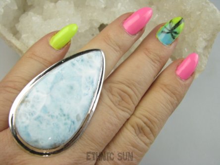 bpe9572 OGROMNY Długi 5.5 cm GIGANT 29 g !!!  OKAZ Regulowany Pierścień Pierścionek RZADKI Anielski kamień Błękitny LARIMAR - stawy, serce lęki , otwiera czakrę gardła r.19, r.20, r.21, r.22 Srebro 925 #