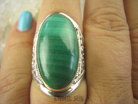 bpe6331 Duży Pierścień MALACHIT - pobudza kreatywność r.16/ r.17 ażurowa obrączka Srebro 925 # 