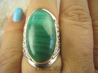 bpe6331 Duży Pierścień MALACHIT - pobudza kreatywność r.16/ r.17 ażurowa obrączka Srebro 925 # 