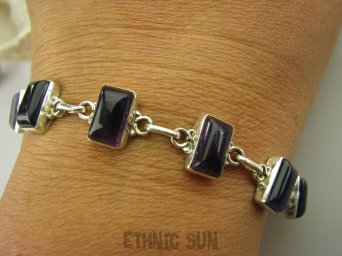 bb2711 Delikatna Klasyczna Bransoleta Fioletowy Ametyst szlifowany kaboszonowo lśniące Srebro 925 #