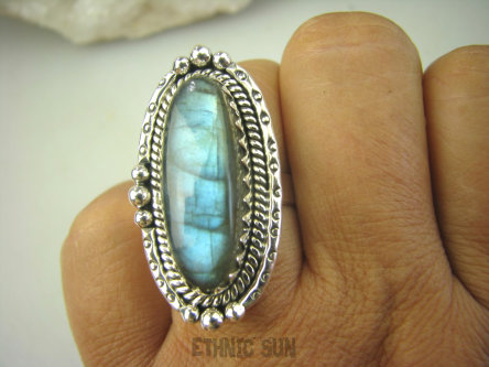 bpe8075 Biżuteria Orientalna Śliczny Pierścień Niebieski Labradoryt Spektrolit - kamień Zorzy Polarnej r.21/ r.22 Srebro 925 #