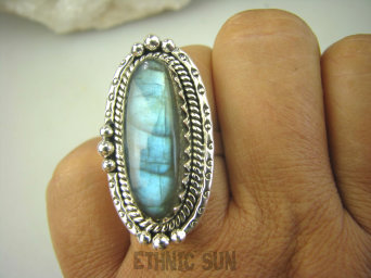 bpe8075 Biżuteria Orientalna Śliczny Pierścień Niebieski Labradoryt Spektrolit - kamień Zorzy Polarnej r.21/ r.22 Srebro 925 #