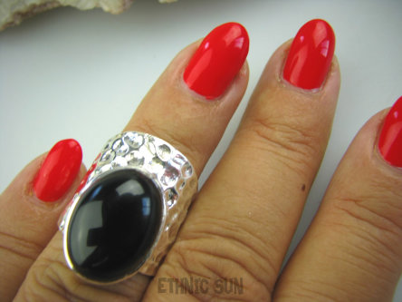 bpe5050 Egzotyczny Pierścień szeroka obrączka Onyks - regeneruje SERCE, EGZEMY, PAMIĘĆ r.11 Mały Rozmiar Srebro 925 #