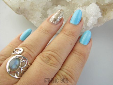 bpe9326 Niezwykły Artysta Ażurowy Regulowany Pierścień Pierścionek naturalny Labradoryt Spektrolit r.12, r.13, r.14, r.15, r.16, r.17 szeroka obrączka Srebro 925