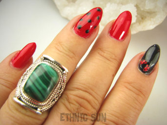 bpe9019 MALACHIT W ORIENTALNEJ OPRAWIE -  Pierścień Pierścionek MALACHIT - pobudza kreatywność r.13 Srebro 925 #