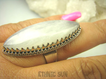 bpe7920 Magiczny Długi 4,3 cm DUŻY Pierścień Biały Kamień Księżycowy r.16 Srebro 925 #