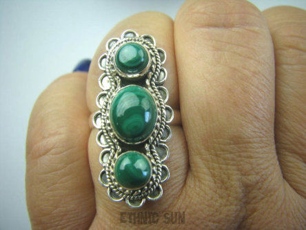 bpe5867 Przepiękny Długi 3,4 cm !! Orientalny Pierścień zielony MALACHIT - pobudza kreatywnośćr.17 Srebro 925 #
