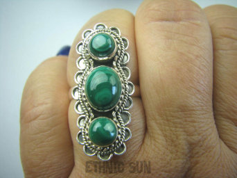 bpe5867 Przepiękny Długi 3,4 cm !! Orientalny Pierścień zielony MALACHIT - pobudza kreatywnośćr.17 Srebro 925 #