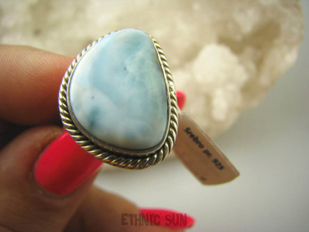 bpe6429 Anielski Pierścień Rzadki Błękitny Larimar (kamień Anielski ) - stawy, serce lęki, otwiera czakrę gardła r.13 Srebro 925 #