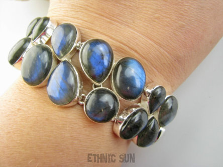 bb3865 XXXL KRÓLOWA NOCY !!!! Maxymalnie lśniąca DWURZĘDOWA Ogromna szeroka 56 gramów!!! WSPANIAŁA Bransoleta z Labradorytami Labradoryt Spektrolit Srebro 925 #