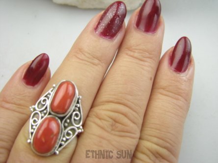 bpe9646 Rzadkość Magnetyzujący Talizman przyciąga Szczęscie i Sukces!!!! Egzotyczny Pierścień Pierścionek Wysadzany naturalnymi Koralami r.14 Koral Srebro 925 #