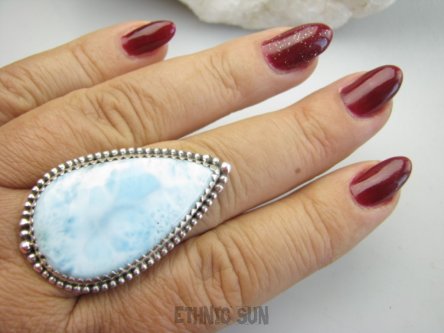 bpe9597 Bosko Piękny Długi 4.3 cm Skarb Pierścień Pierścionek Rzadki Larimar (kamień Anielski ) - stawy, serce lęki, otwiera czakrę gardła r.21 Srebro 925 #