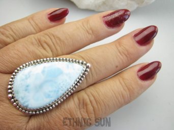 bpe9597 Bosko Piękny Długi 4.3 cm Skarb Pierścień Pierścionek Rzadki Larimar (kamień Anielski ) - stawy, serce lęki, otwiera czakrę gardła r.21 Srebro 925 #